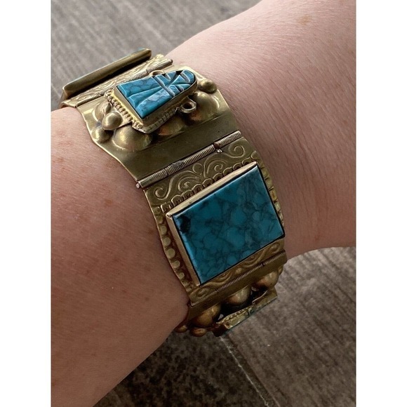 Mexico Bracelet Artisan Vintage Turquoise Like Pottery Inserts Brass 7” - Picture 13 of 16